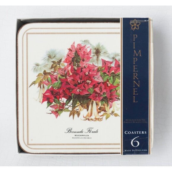 6 Vintage Pimpernel Caribbean Flowers Coasters w/ box Barware Cork Backing - Picture 1 of 6